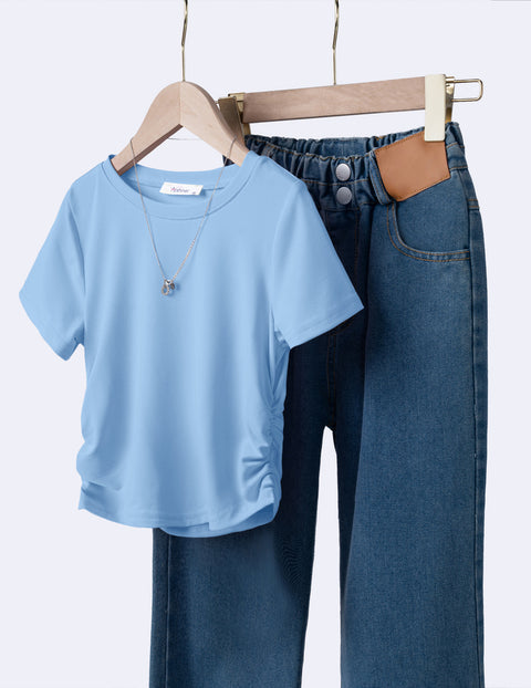 Girls Side Ruched Short Sleeve Crewneck T-Shirt Stretch Ribbed Tee - Light Blue