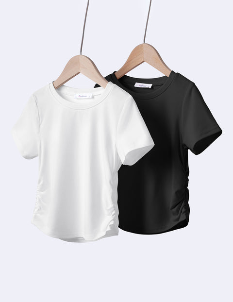 Girls Side Ruched Short Sleeve Crewneck T-Shirt Stretch Ribbed Tee - Black/White