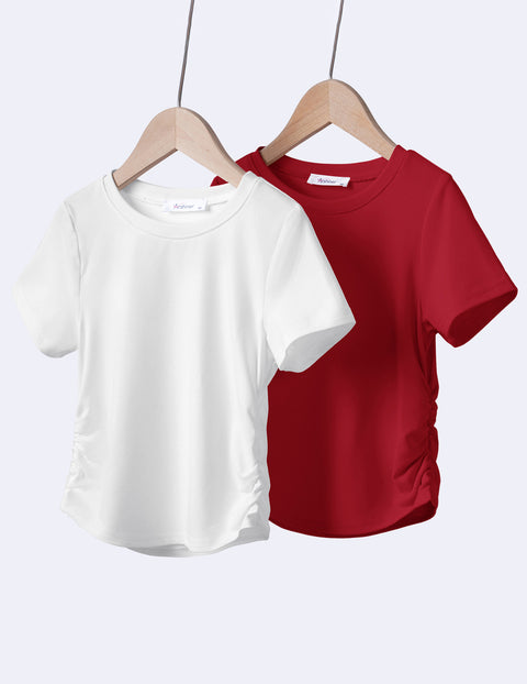 Girls Side Ruched Short Sleeve Crewneck T-Shirt Stretch Ribbed Tee - Red/White