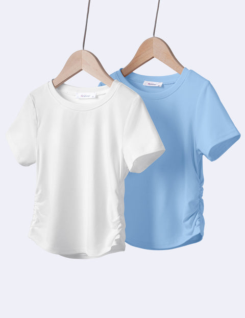 Girls Side Ruched Short Sleeve Crewneck T-Shirt Stretch Ribbed Tee - Blue/White