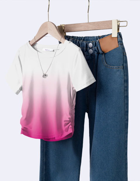Girls Side Ruched Short Sleeve Crewneck T-Shirt Stretch Ribbed Tee - Gradient Pink