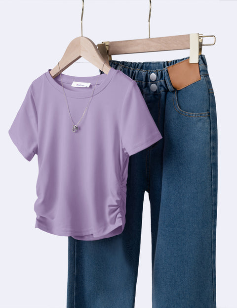 Girls Side Ruched Short Sleeve Crewneck T-Shirt Stretch Ribbed Tee - Purple