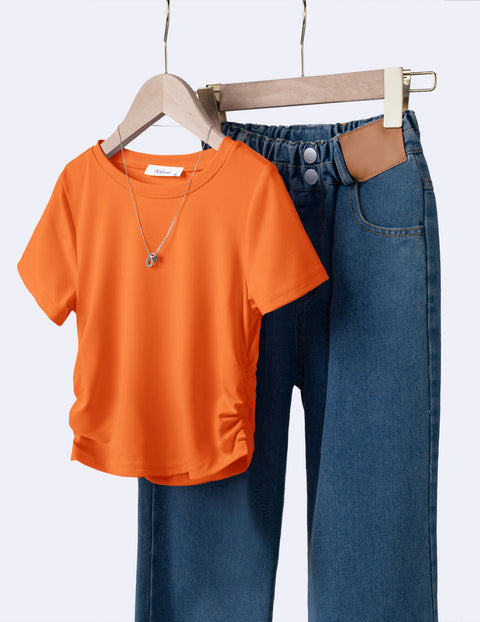 Girls Side Ruched Short Sleeve Crewneck T-Shirt Stretch Ribbed Tee - Orange