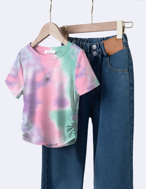 Girls Side Ruched Short Sleeve Crewneck T-Shirt Stretch Ribbed Tee - Tie Dye