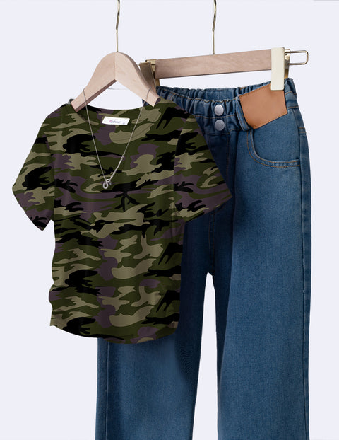 Girls Side Ruched Short Sleeve Crewneck T-Shirt Stretch Ribbed Tee - Camo