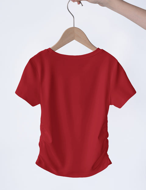 Girls Side Ruched Short Sleeve Crewneck T-Shirt Stretch Ribbed Tee - Red
