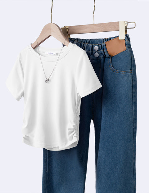 Girls Side Ruched Short Sleeve Crewneck T-Shirt Stretch Ribbed Tee - White