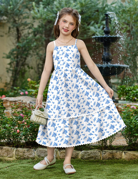 Girls Spaghetti Strap Tiered Maxi Sundress with Pockets Adjustable Straps - Floral White