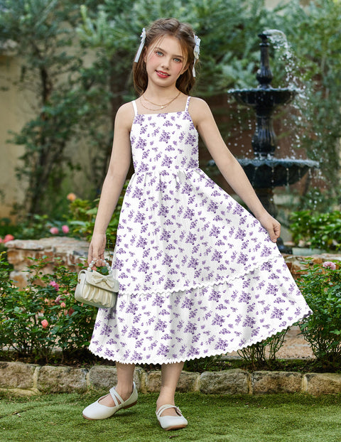 Girls Spaghetti Strap Tiered Maxi Sundress with Pockets Adjustable Straps - Floral Purple