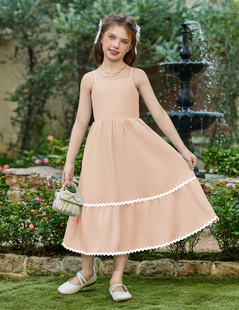 Girls Spaghetti Strap Tiered Maxi Sundress with Pockets Adjustable Straps - Champagne