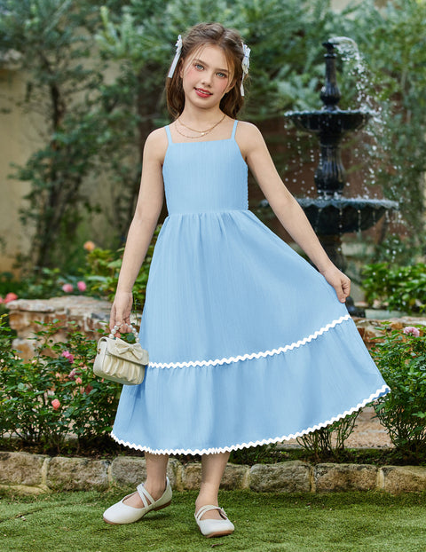Girls Spaghetti Strap Tiered Maxi Sundress with Pockets Adjustable Straps - Light Blue