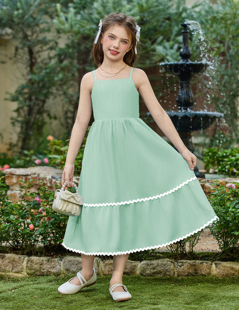 Girls Spaghetti Strap Tiered Maxi Sundress with Pockets Adjustable Straps - Sage Green