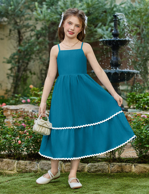 Girls Spaghetti Strap Tiered Maxi Sundress with Pockets Adjustable Straps - LAB