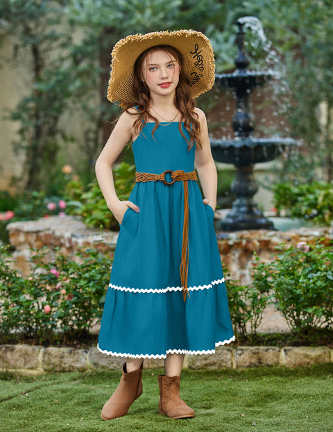 Girls Spaghetti Strap Tiered Maxi Sundress with Pockets Adjustable Straps - LAB