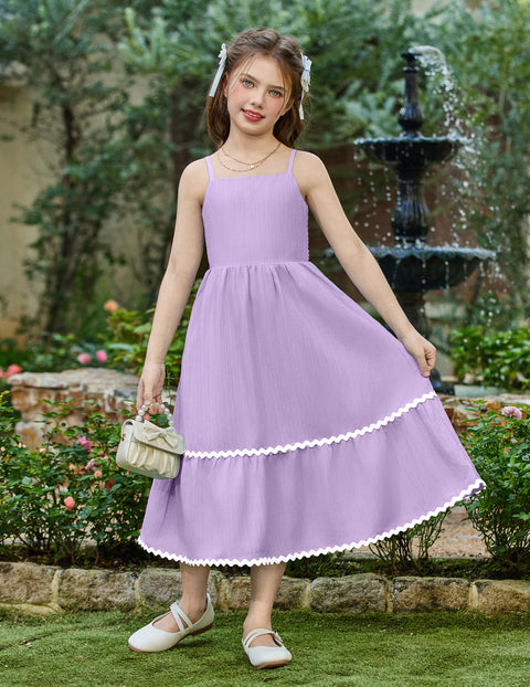 Girls Spaghetti Strap Tiered Maxi Sundress with Pockets Adjustable Straps - Lavender