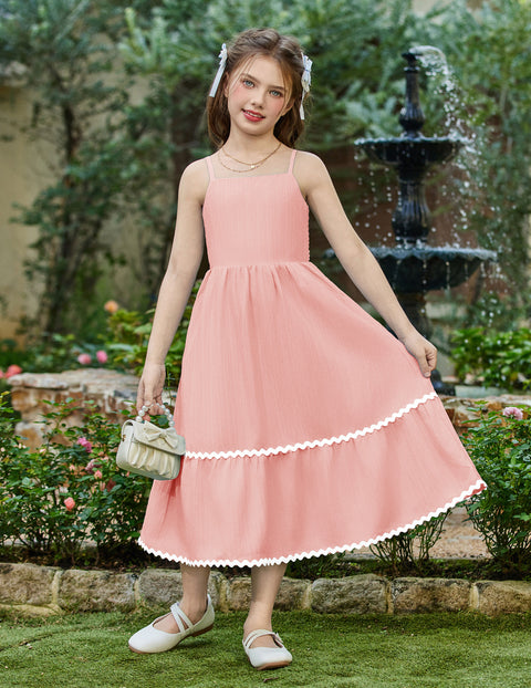Girls Spaghetti Strap Tiered Maxi Sundress with Pockets Adjustable Straps - Pink