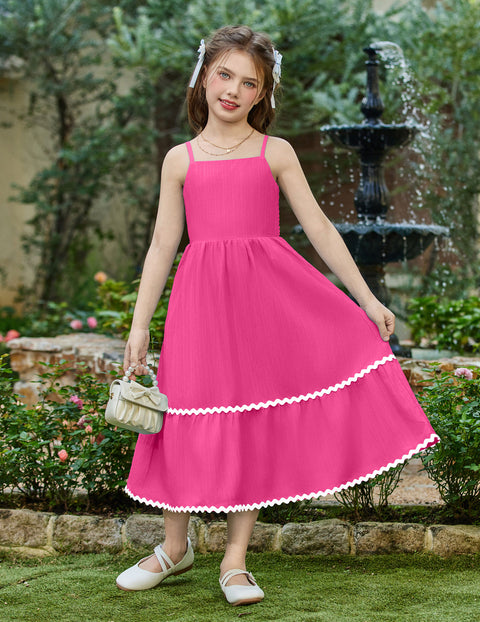Girls Spaghetti Strap Tiered Maxi Sundress with Pockets Adjustable Straps - Hot Pink