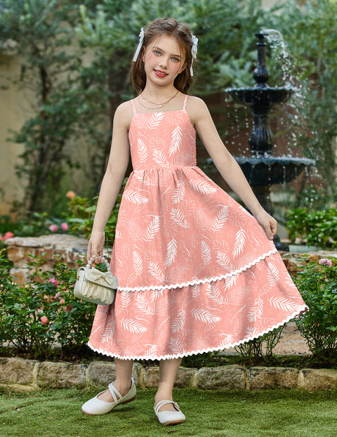 Girls Spaghetti Strap Tiered Maxi Sundress with Pockets Adjustable Straps - Floral Pink