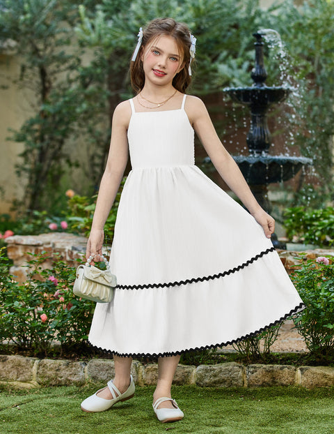 Girls Spaghetti Strap Tiered Maxi Sundress with Pockets Adjustable Straps - White