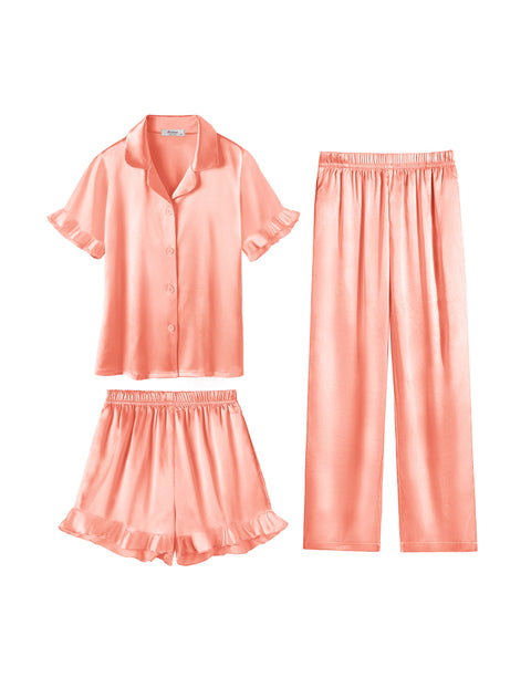 Girls Satin Pajama Set 3-Piece Short Sleeve Top Shorts and Pants Sleepwear - Orange Pink