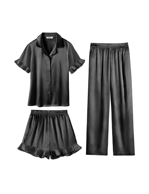 Girls Satin Pajama Set 3-Piece Short Sleeve Top Shorts and Pants Sleepwear - Black