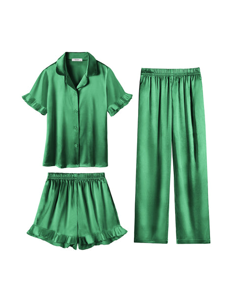 Girls Satin Pajama Set 3-Piece Short Sleeve Top Shorts and Pants Sleepwear - Dark Green