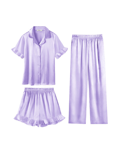 Girls Satin Pajama Set 3-Piece Short Sleeve Top Shorts and Pants Sleepwear - Light Purple