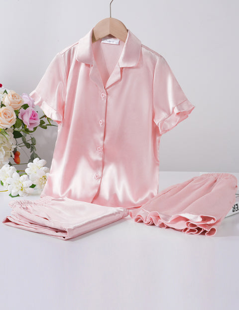 Girls Satin Pajama Set 3-Piece Short Sleeve Top Shorts and Pants Sleepwear - Lotus Root Pink