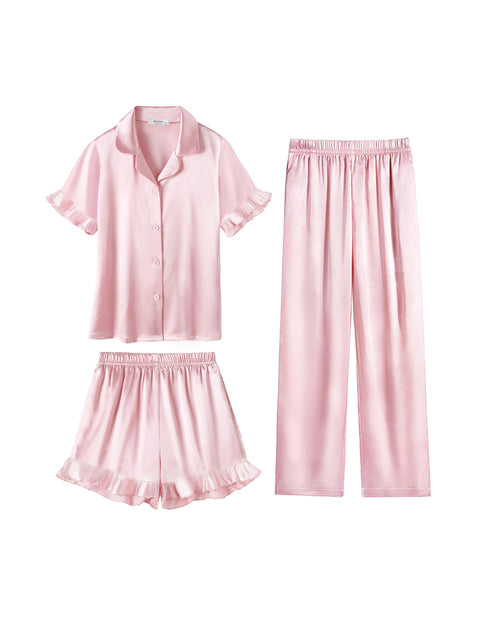 Girls Satin Pajama Set 3-Piece Short Sleeve Top Shorts and Pants Sleepwear - Lotus Root Pink