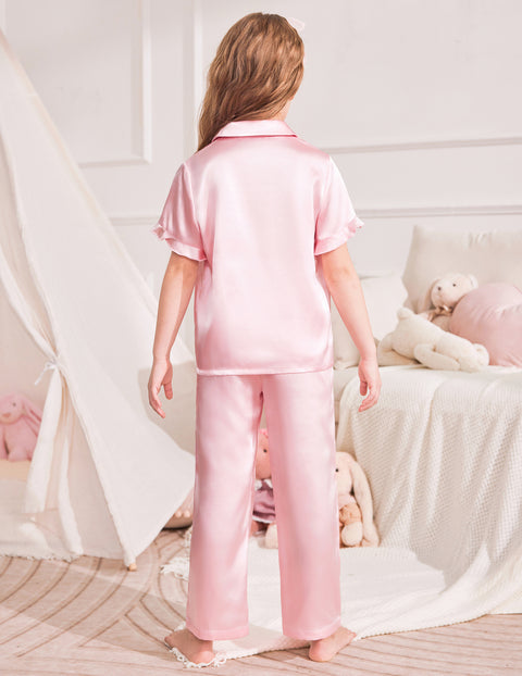 Girls Satin Pajama Set 3-Piece Short Sleeve Top Shorts and Pants Sleepwear - Lotus Root Pink