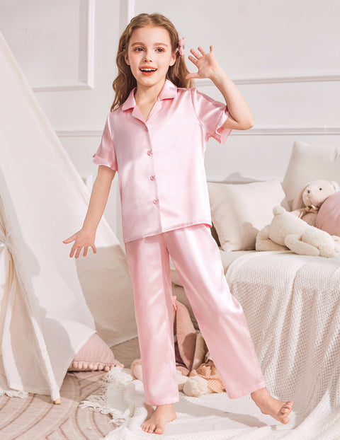 Girls Satin Pajama Set 3-Piece Short Sleeve Top Shorts and Pants Sleepwear - Lotus Root Pink