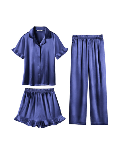 Girls Satin Pajama Set 3-Piece Short Sleeve Top Shorts and Pants Sleepwear - Navy