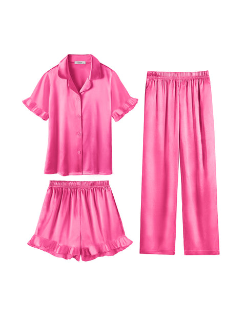 Girls Satin Pajama Set 3-Piece Short Sleeve Top Shorts and Pants Sleepwear - Rose Red
