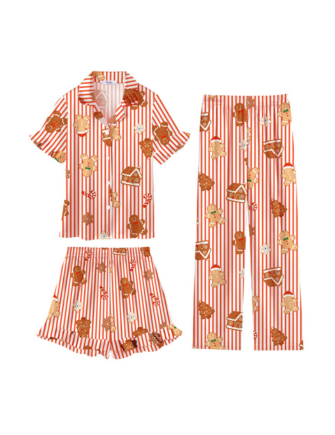 Girls Satin Pajama Set 3-Piece Short Sleeve Top Shorts and Pants Sleepwear - Christmas Stripes