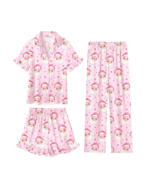 Girls Satin Pajama Set 3-Piece Short Sleeve Top Shorts and Pants Sleepwear - Pink Santa Claus