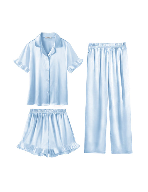 Girls Satin Pajama Set 3-Piece Short Sleeve Top Shorts and Pants Sleepwear - Light Blue