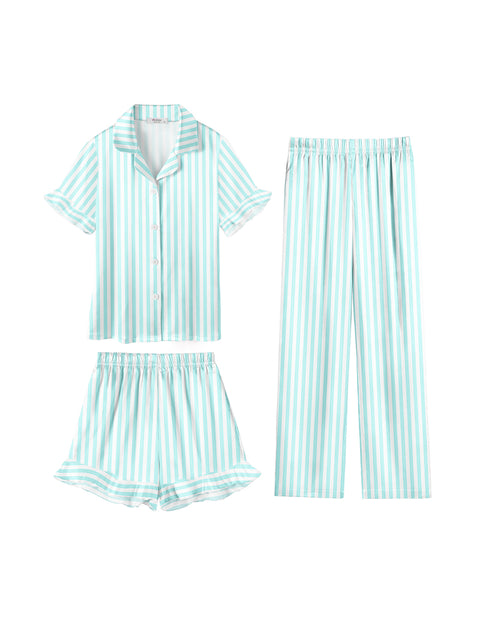 Girls Satin Pajama Set 3-Piece Short Sleeve Top Shorts and Pants Sleepwear - Green Stripes
