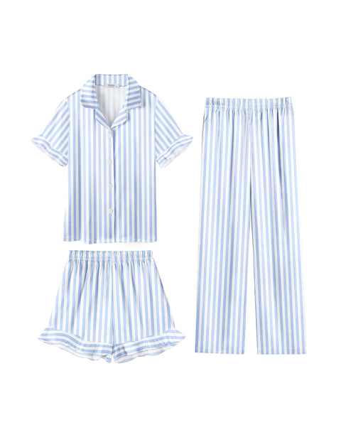 Girls Satin Pajama Set 3-Piece Short Sleeve Top Shorts and Pants Sleepwear - Blue Stripes