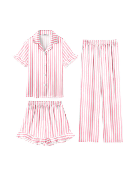 Girls Satin Pajama Set 3-Piece Short Sleeve Top Shorts and Pants Sleepwear - Pink Stripes