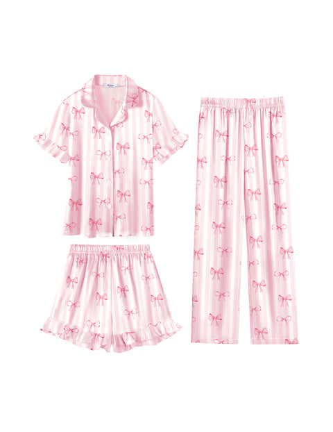 Girls Satin Pajama Set 3-Piece Short Sleeve Top Shorts and Pants Sleepwear - Pink Striped Bow