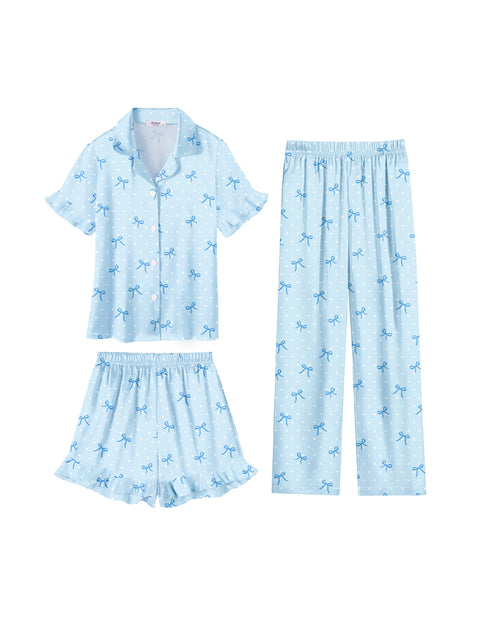 Girls Satin Pajama Set 3-Piece Short Sleeve Top Shorts and Pants Sleepwear - Blue Dots Bow