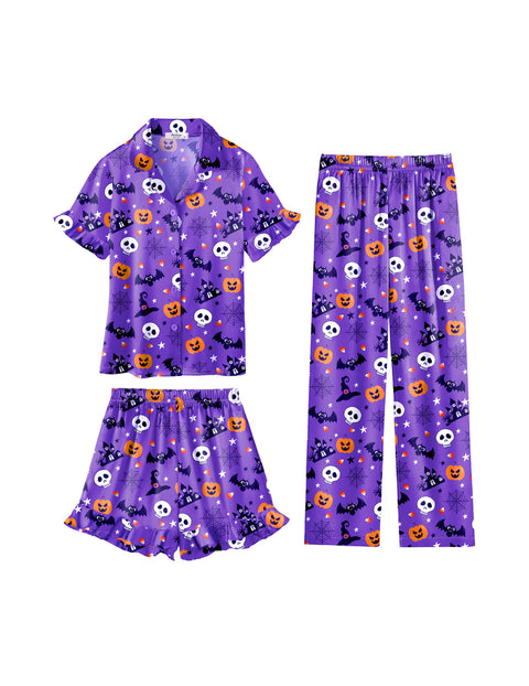 Girls Satin Pajama Set 3-Piece Short Sleeve Top Shorts and Pants Sleepwear - Purple Halloween