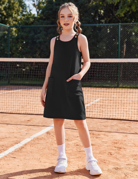 Girls Dress with Built-in Shorts Romper Adjustable Button Straps Pockets - Black