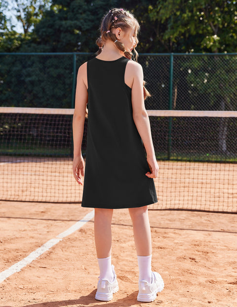 Girls Dress with Built-in Shorts Romper Adjustable Button Straps Pockets - Black