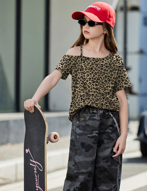 Girls One Shoulder Short Sleeve T-Shirt Adjustable Strap Summer Tee - Leopard Print