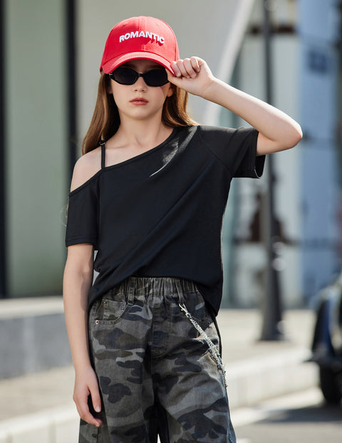 Girls One Shoulder Short Sleeve T-Shirt Adjustable Strap Summer Tee - Black