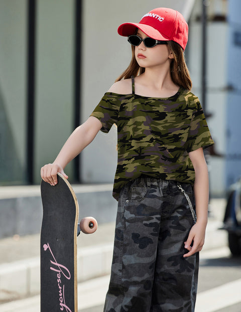 Girls One Shoulder Short Sleeve T-Shirt Adjustable Strap Summer Tee - Camo