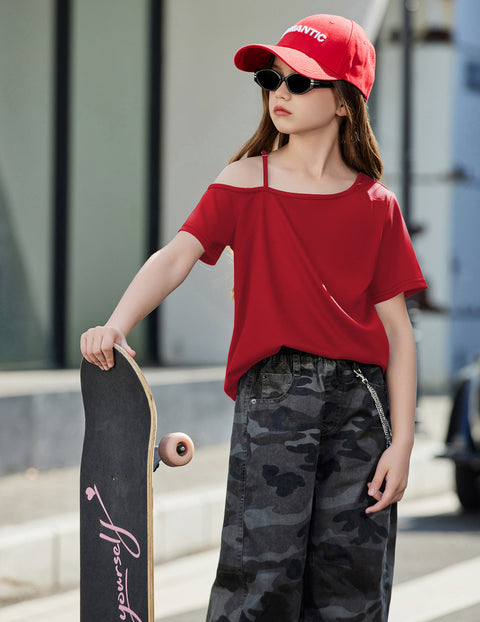 Girls One Shoulder Short Sleeve T-Shirt Adjustable Strap Summer Tee - Red