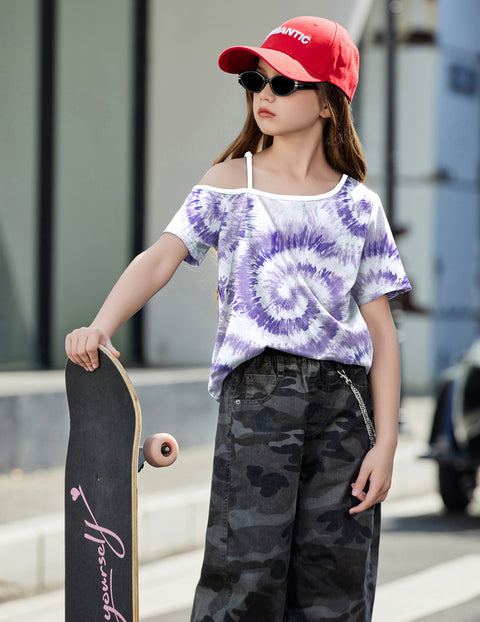Girls One Shoulder Short Sleeve T-Shirt Adjustable Strap Summer Tee - Tie Dye Purple