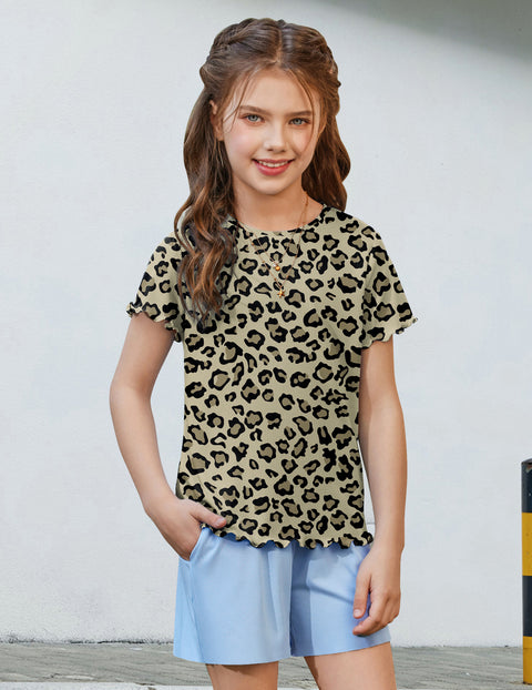 Girls Lettuce Trim Short Sleeve Ribbed Crewneck Top Slim Fit Tee - Leopard Print